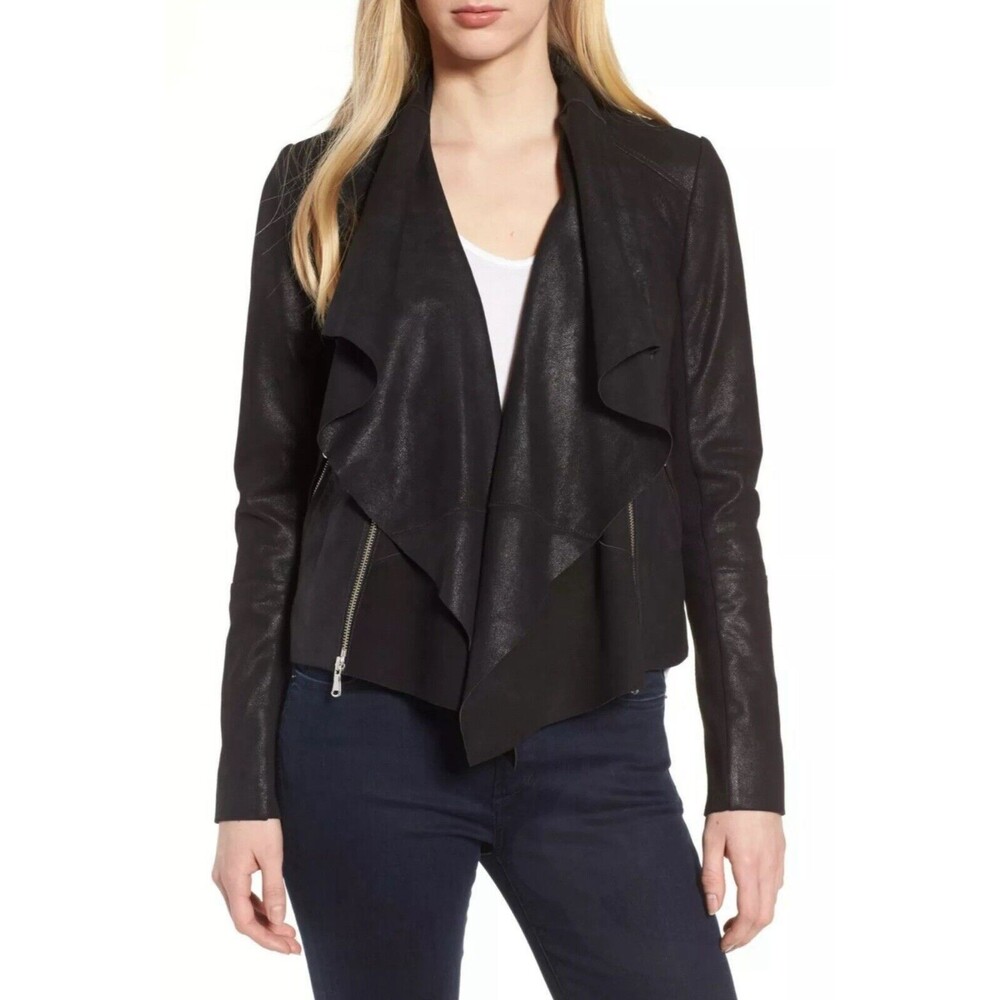 $350 TROUVE TROUVÉ Convertible Drape Leather Jacket MOTO BIKER CHIC BLACK M